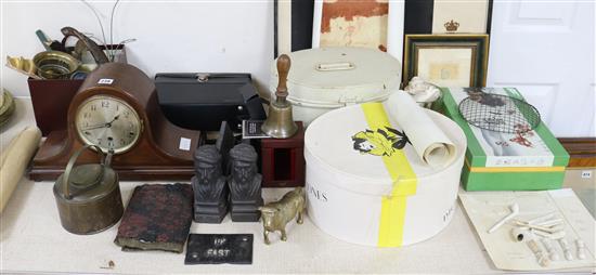 A quantity of mixed collectables including clock, pipes, Chinese and metal ware